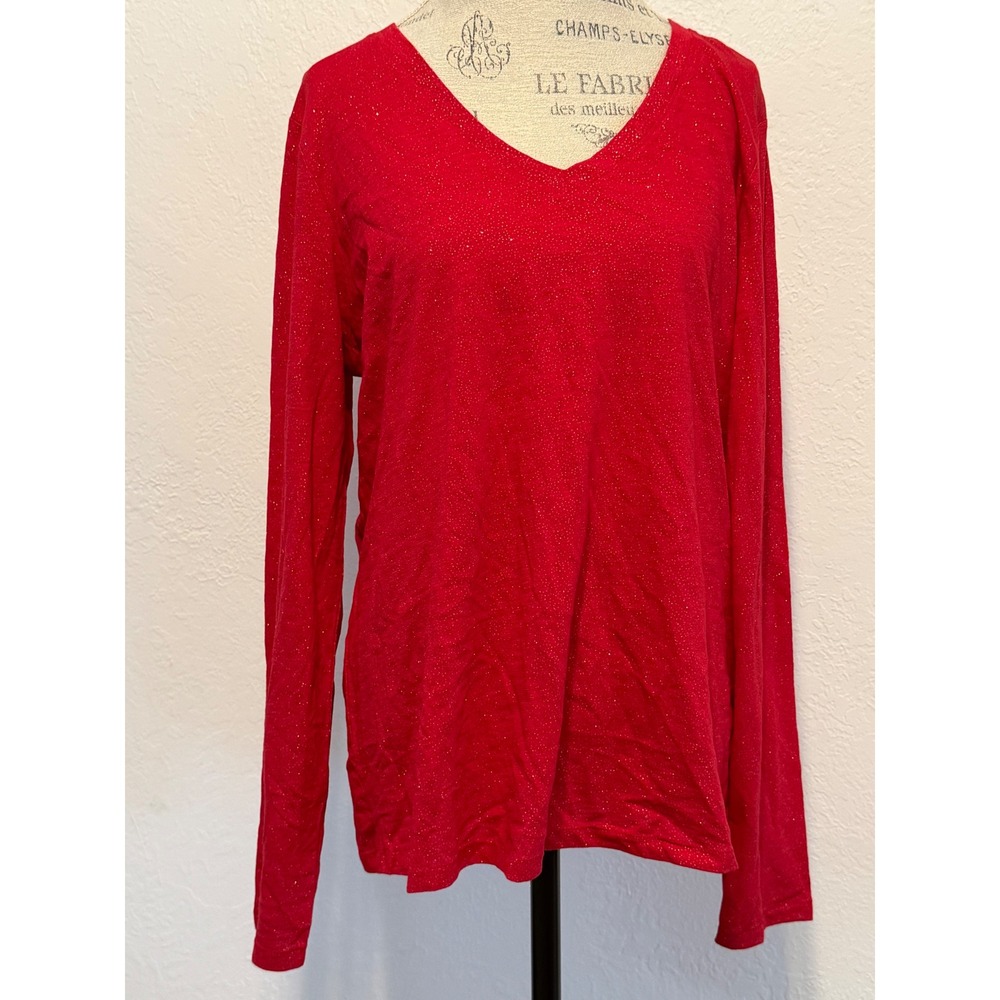 Sonoma Goods For Life Red Glitter V-Neck Long Sleeve Everyday Tee Large